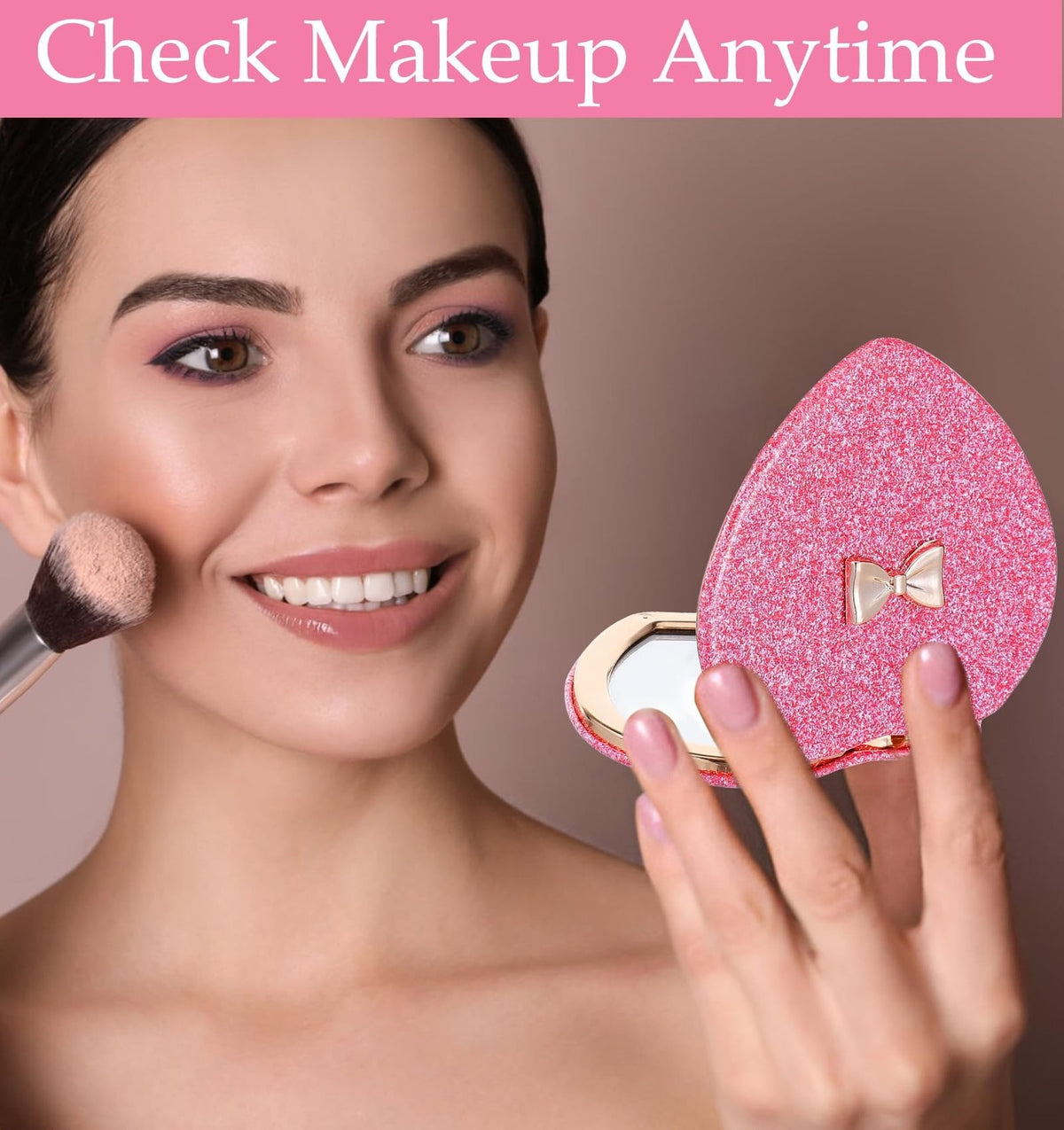 Pink Heart Compact Mirror with Magnifying - Double-Sided Folding Makeup Tool