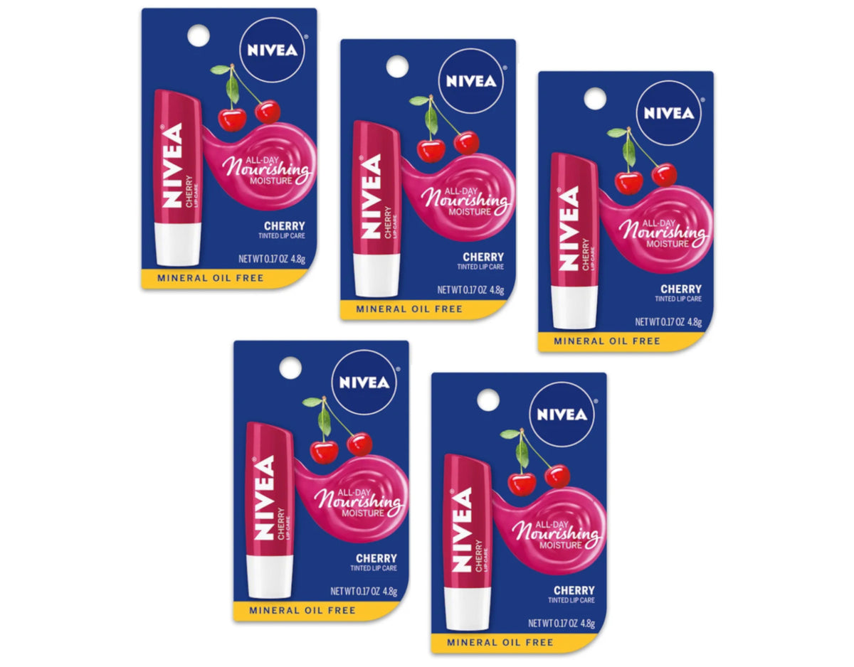 Nivea Cherry Tinted Lip Balm Pack of 5 - Nourishing, Hydrating Lip Care