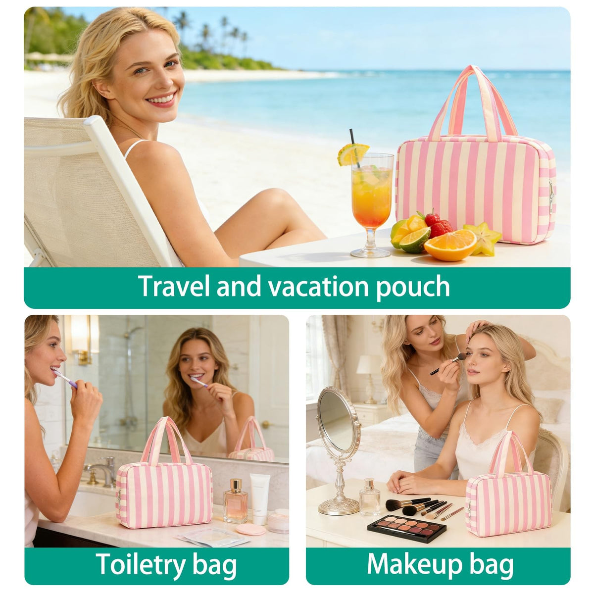 Waterproof Stripe Toiletry Bag for Women – Travel Cosmetic Organizer