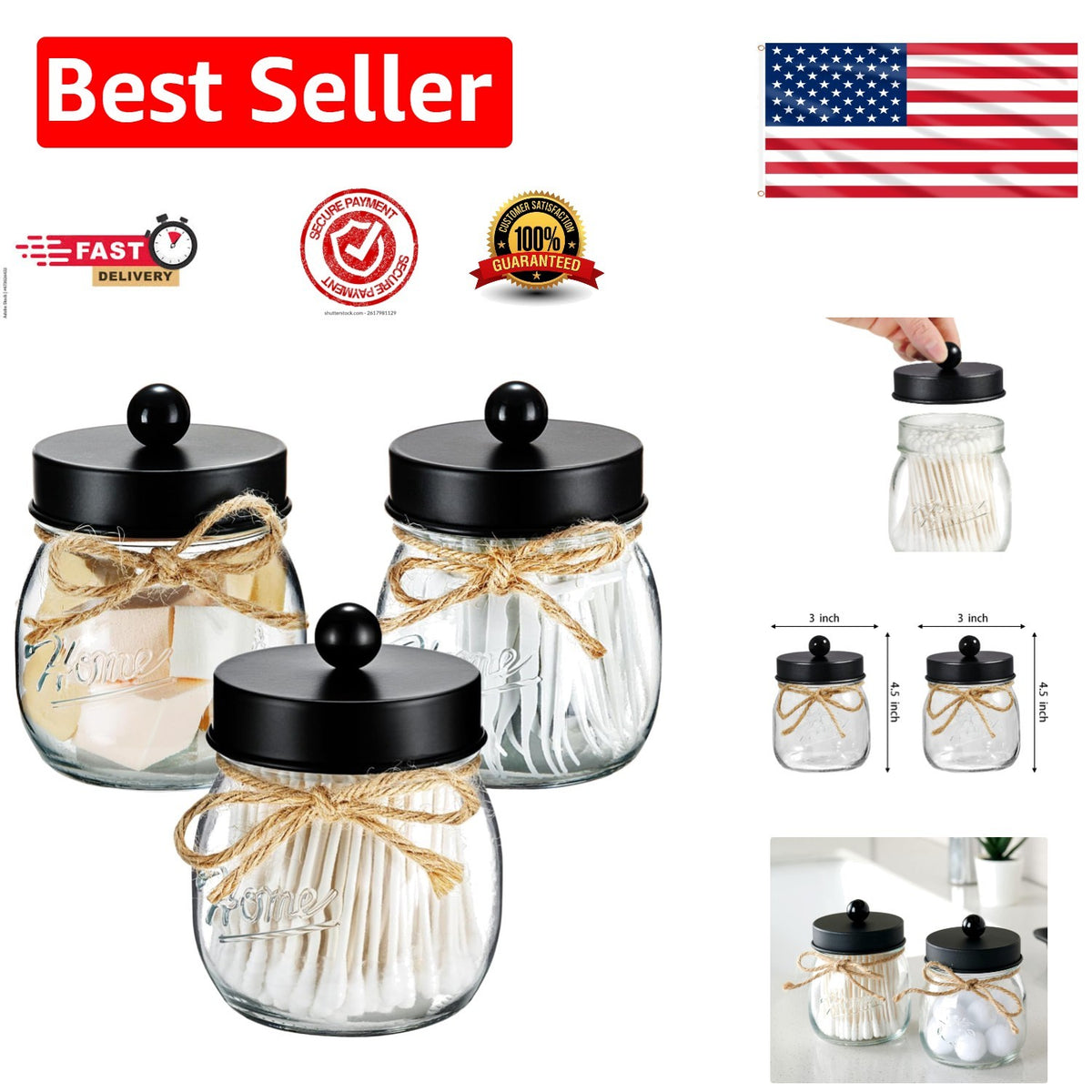 Black Glass Bathroom Jar Set - 3-Piece Organizing Container Set for Essentials