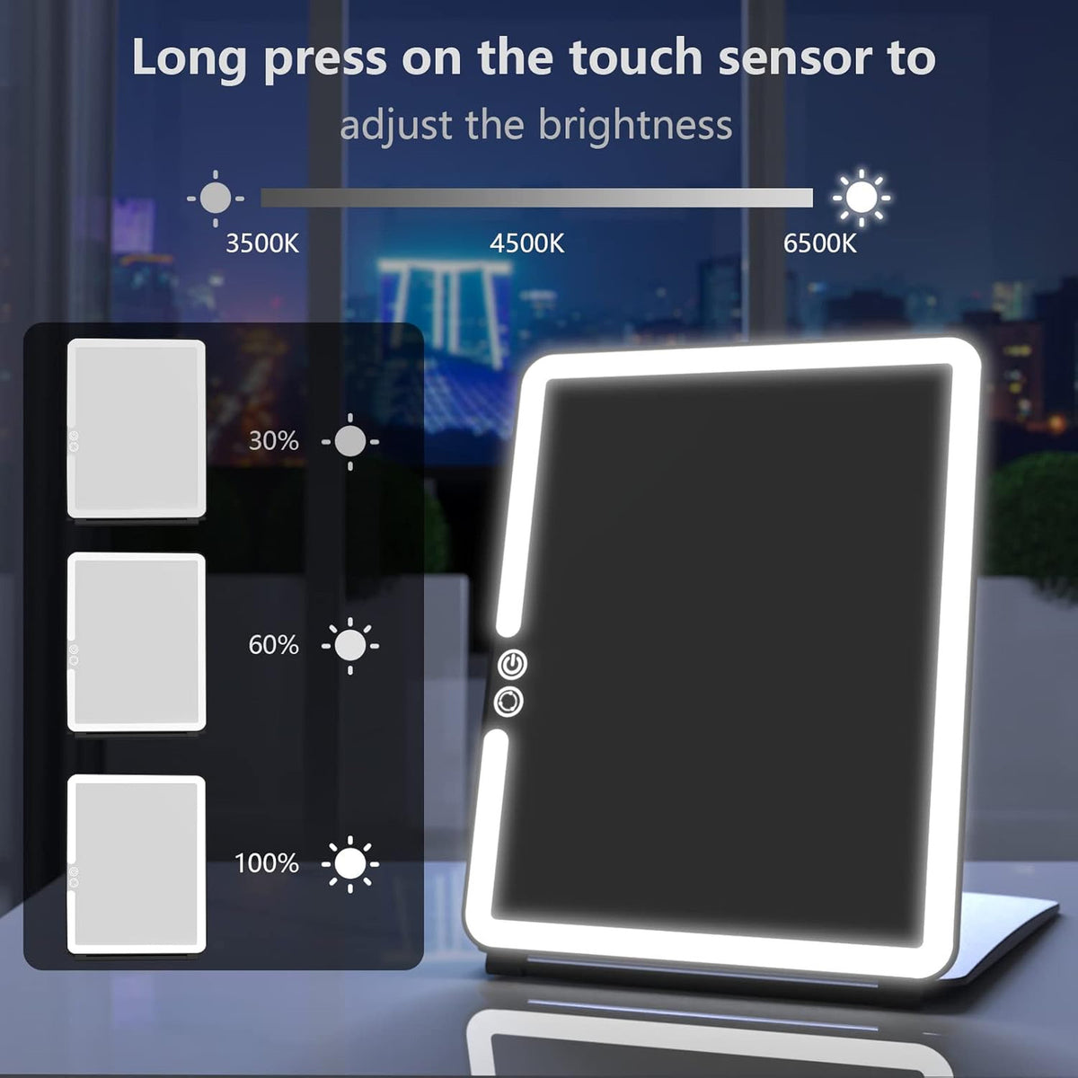 Portable Travel Makeup Mirror with Dimmable LED Lights, Touch Screen, Compact