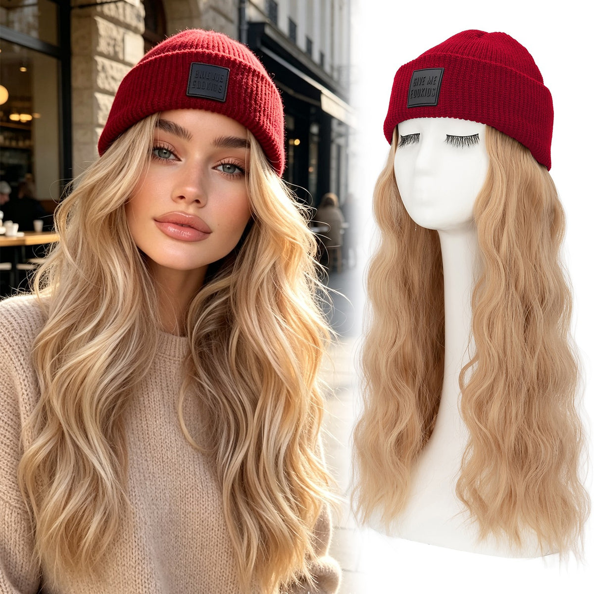 Winter Knit Beanie Wig with Water Wave Hair - Warm and Stylish