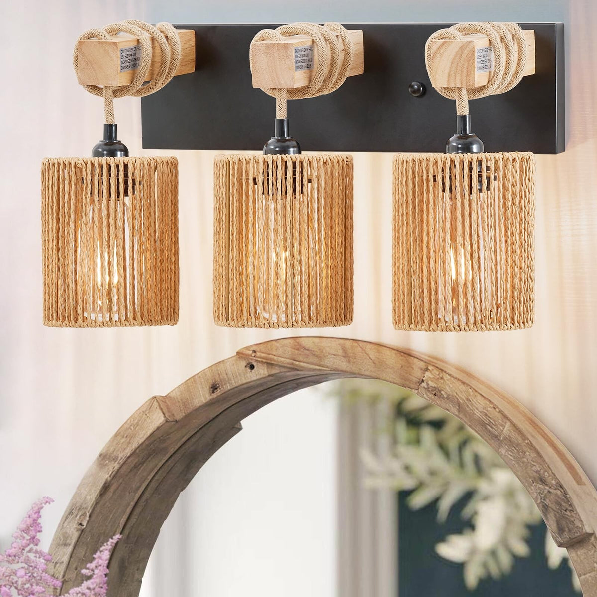 3-Light Bathroom Vanity Light Fixture - Boho Rattan Wall Sconce, Farmhouse Style