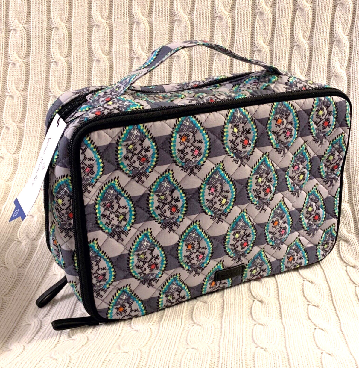 Large Travel Makeup Case with Brush Slots - Paisley Stripes Pattern