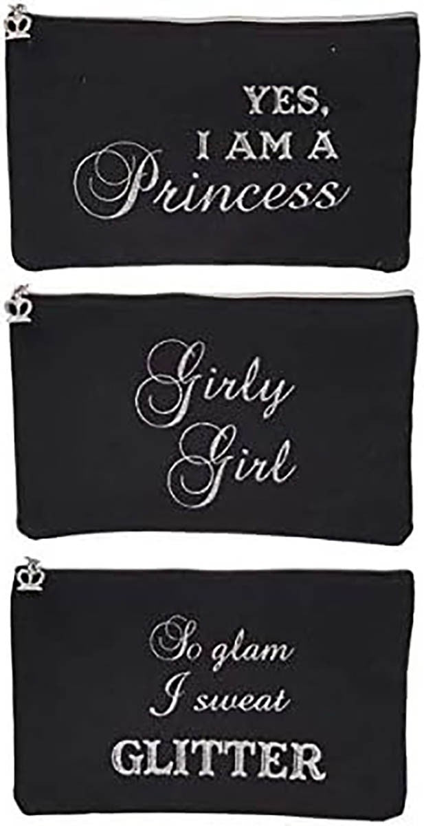Girls Cosmetic Bag with Rhinestone Crown - Black & Silver Makeup Organizer, 8.5x5 inches