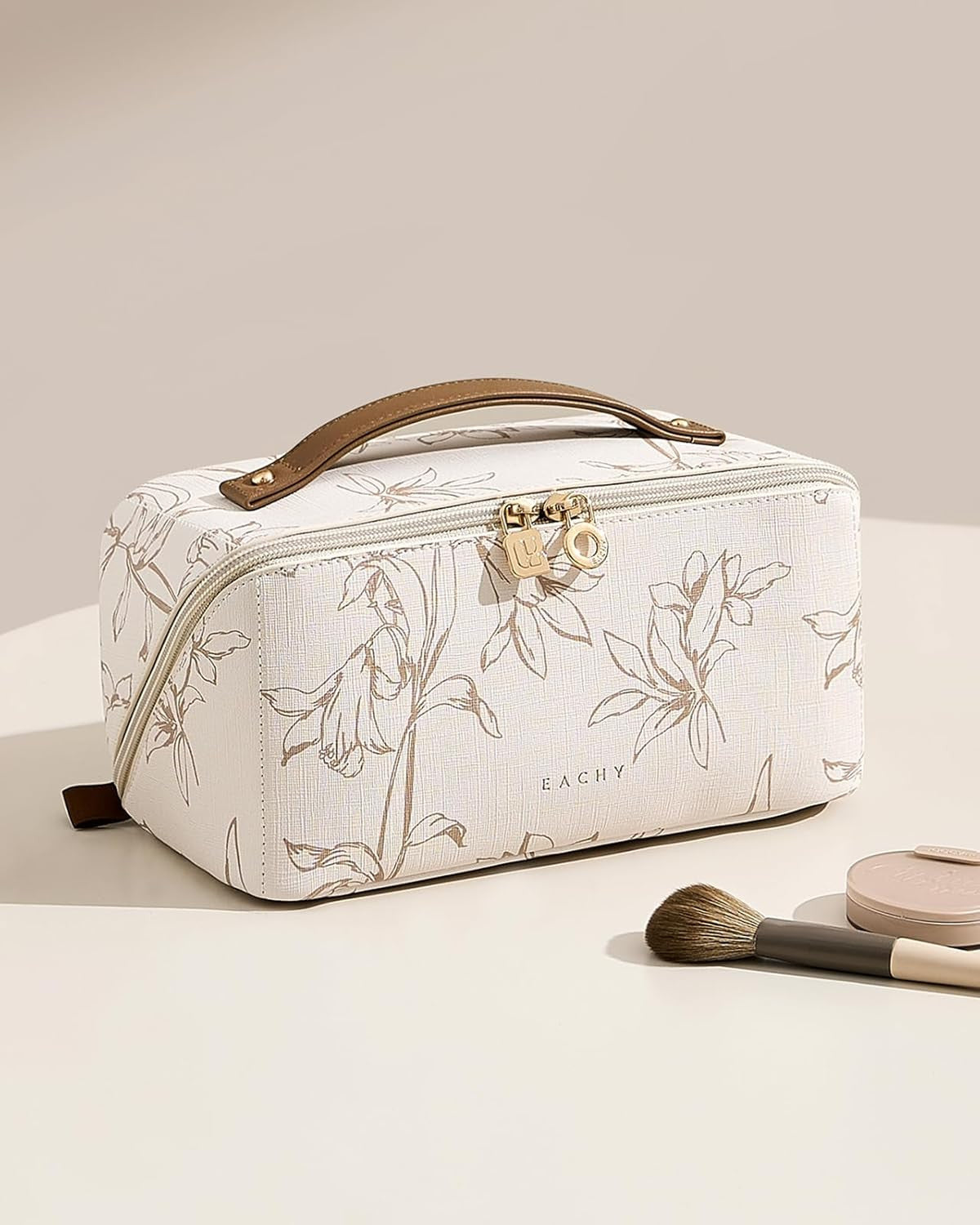 Travel Makeup Bag with Water-Resistant PU Leather, Floral Design, Medium Size