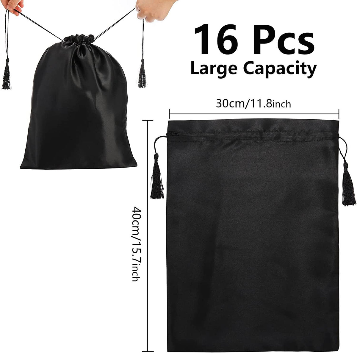 16 Pcs Satin Wig Bags Travel Storage Bags with Drawstring - Black