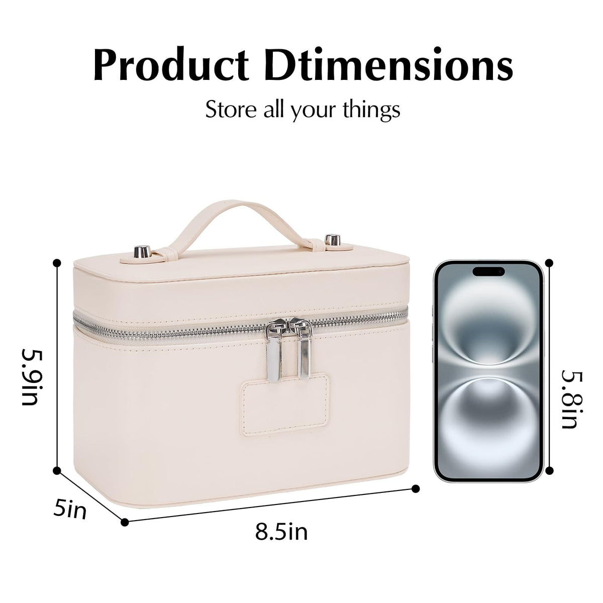 Leather Makeup Organizer Bag with Removable Divider - Waterproof Travel Cosmetic Case