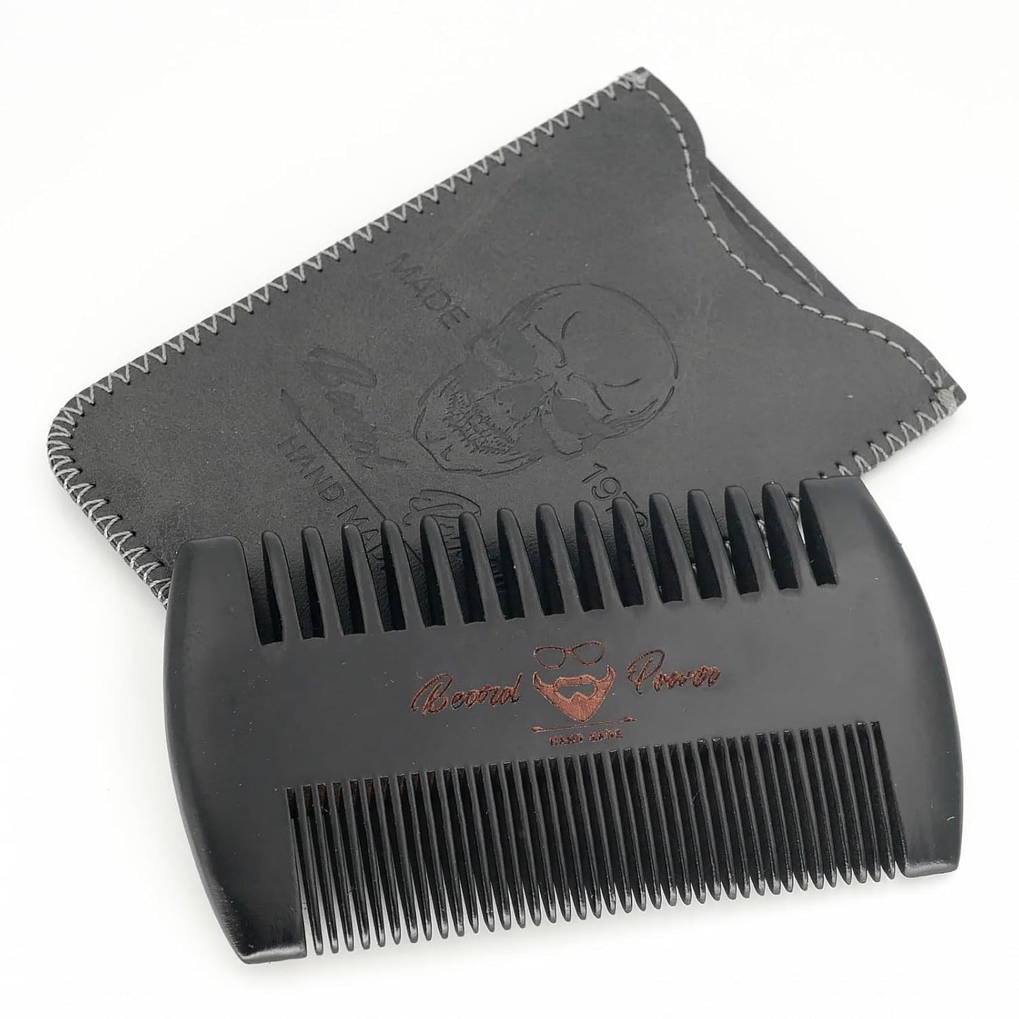 Black Wooden Beard Comb with Protective Leather Case - Travel Grooming Tool