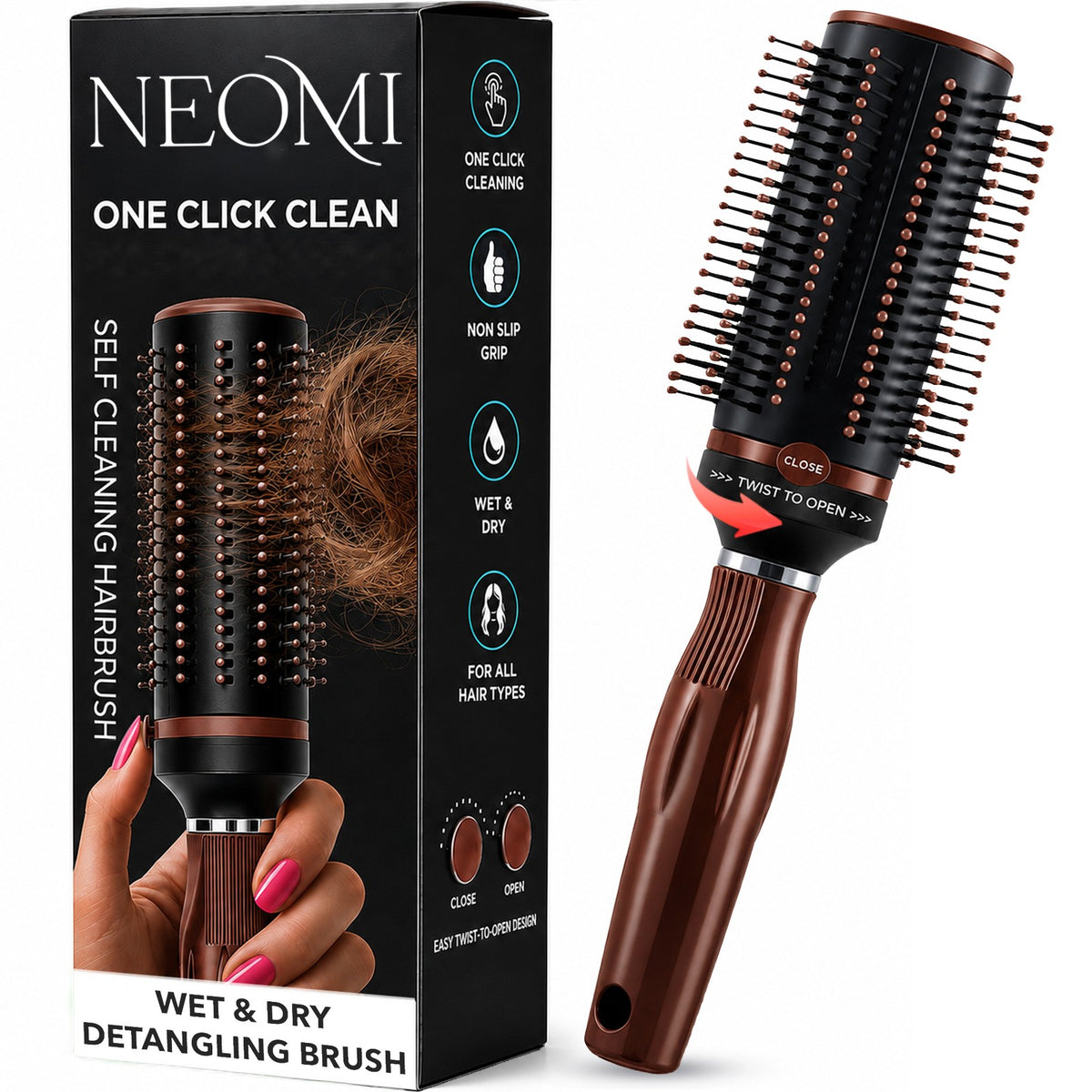 Self-Cleaning Retractable Hair Brush for Women - Brown