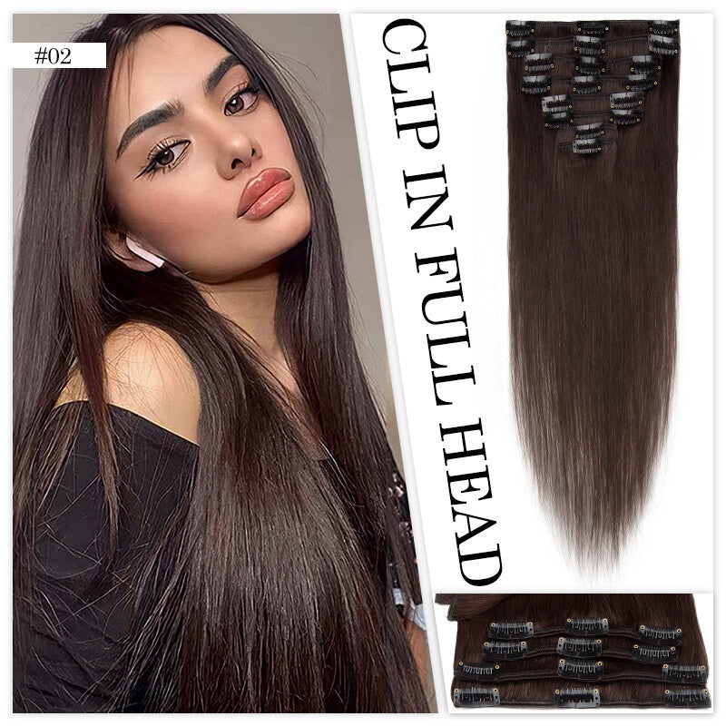 Clip-In Human Hair Extensions Full Head Set - Remy Straight Hair 8 Pieces