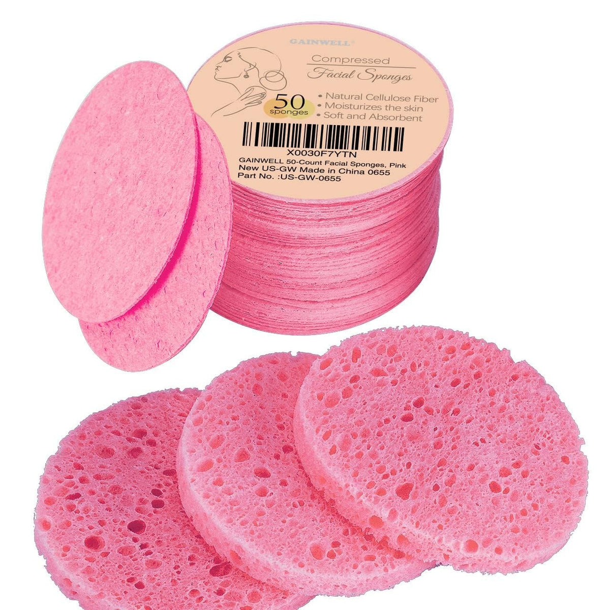 Compressed Facial Sponges - Natural Cellulose, Pink, Pack of 50