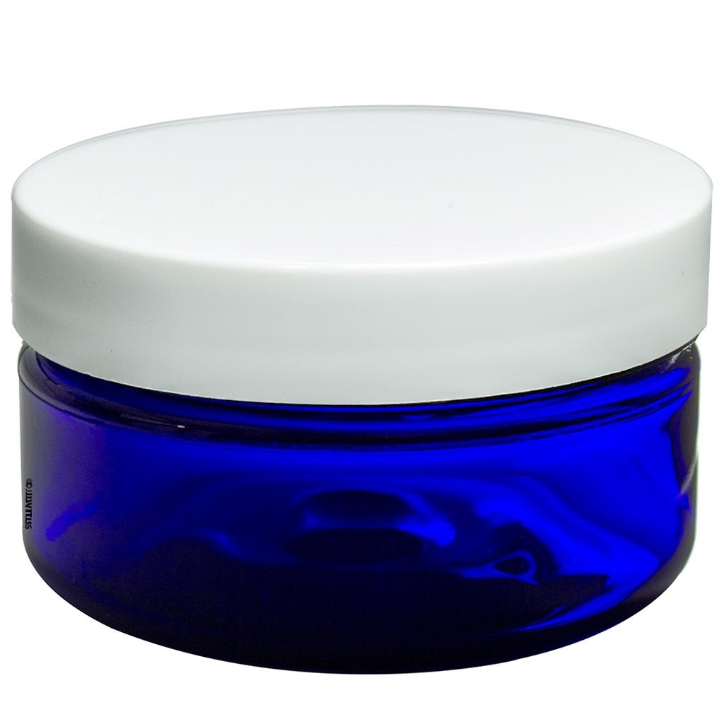 Cobalt Blue Heavy Wall Plastic Refillable Cosmetic Jar with White Lid 2 oz - 6 Pack