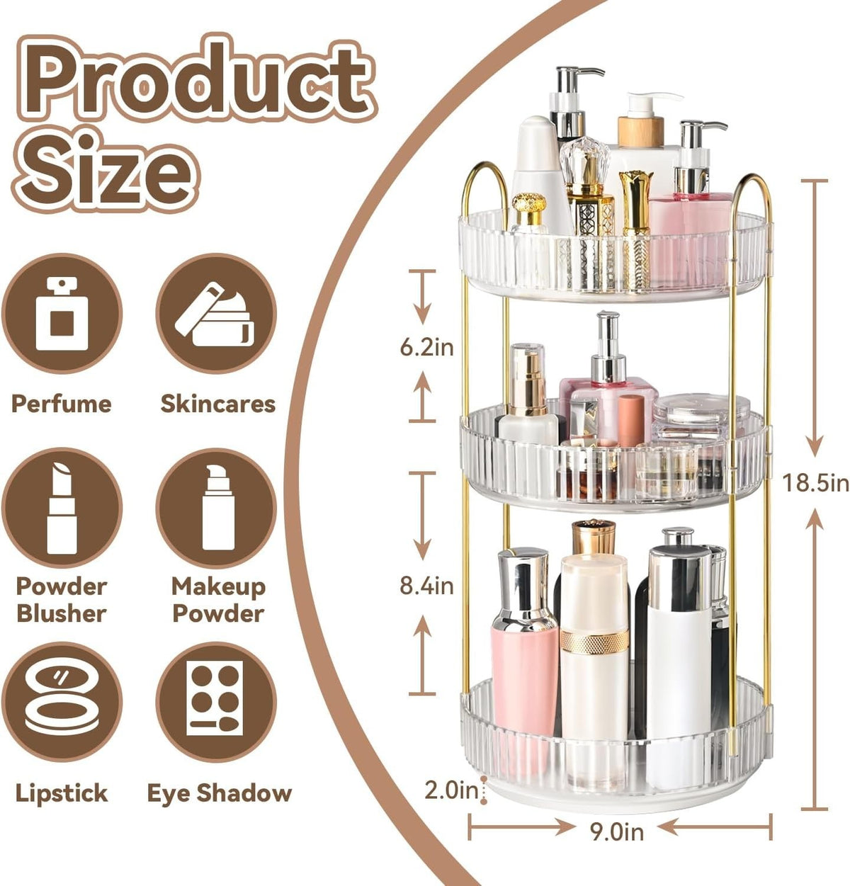 360° Rotating Makeup Organizer 3-Tier Vanity Storage Clear