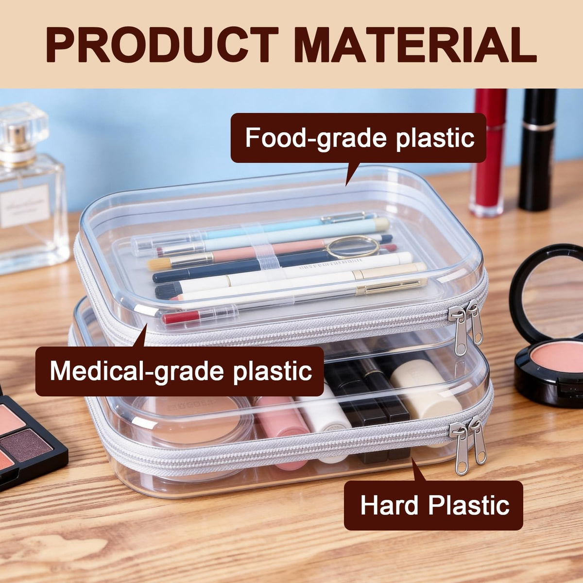 Clear Hard Shell Zipper Travel Organizer Case 8.86x6.38 Inch - 2 Pack