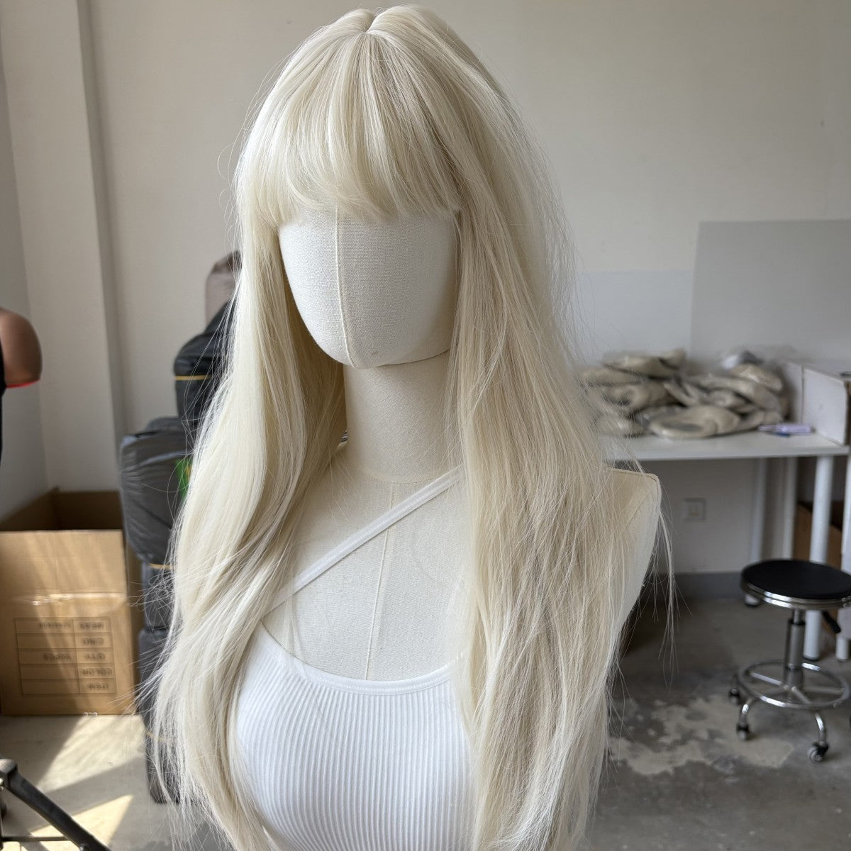 Platinum Blonde Synthetic Wig for Women Long Straight Costume Hair with Bangs