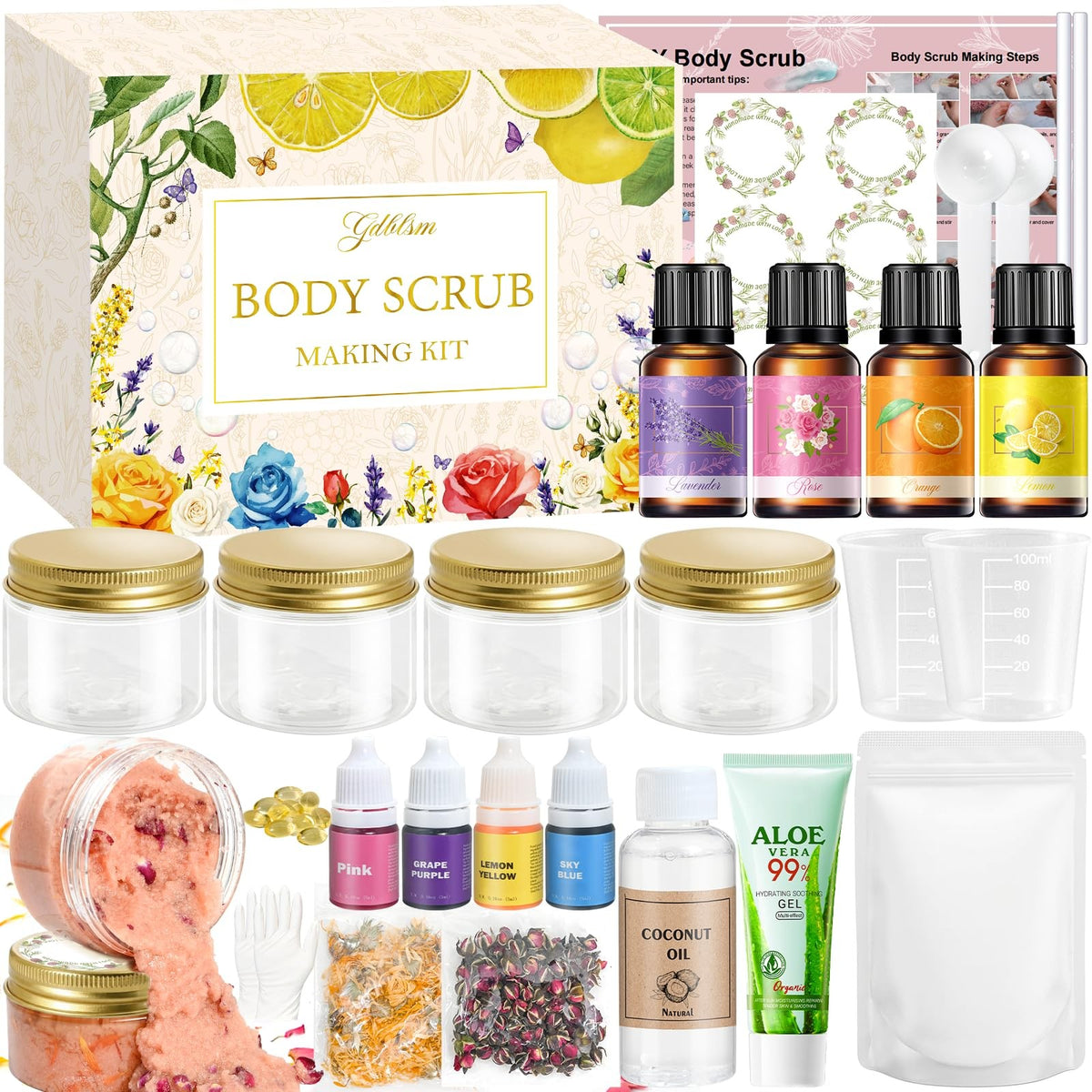 DIY Body Scrub Making Kit with Salt, Fragrance Oils & Dried Flowers