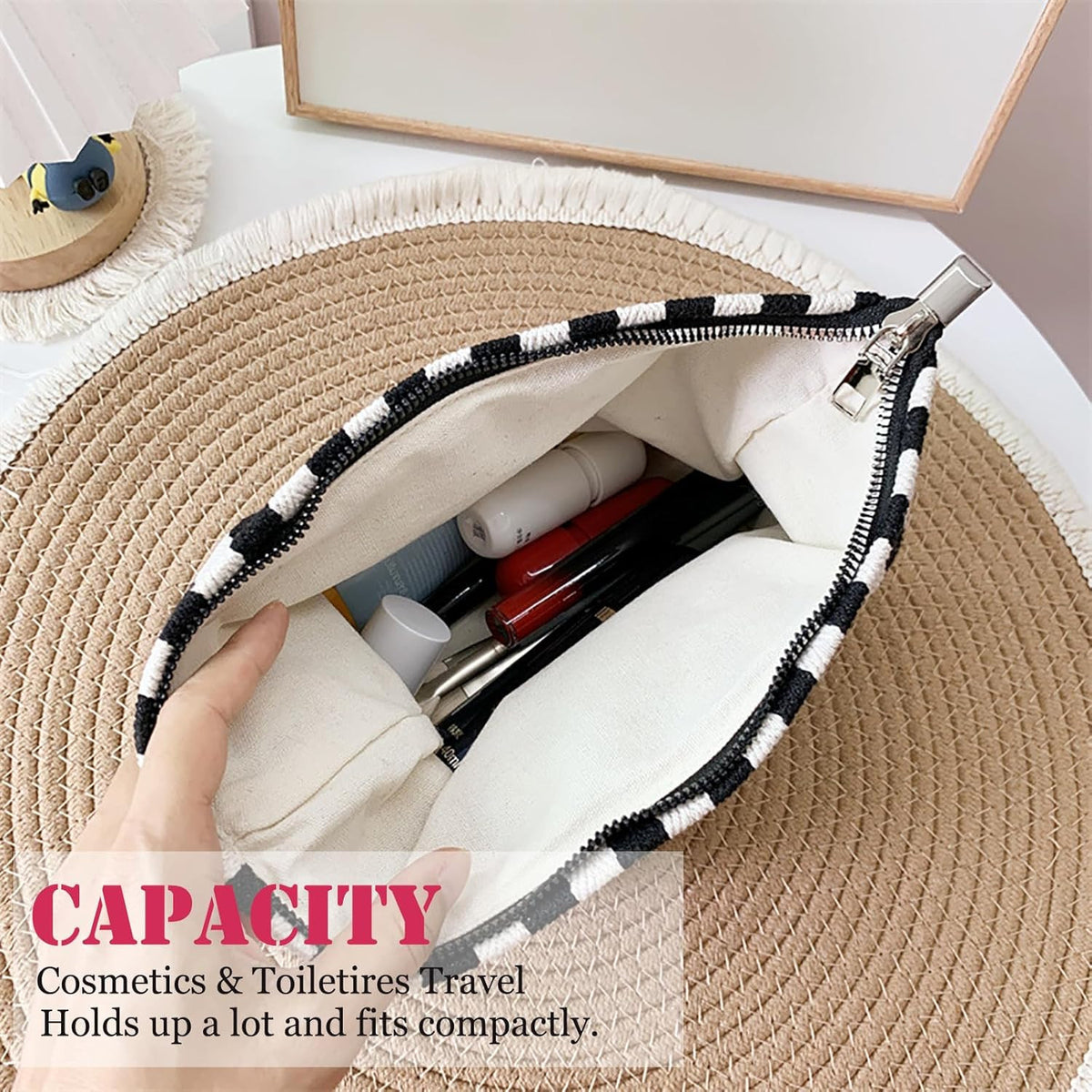 Large Stripe Canvas Makeup Bag Cosmetic Travel Pouch Organizer - Vintage Black & White