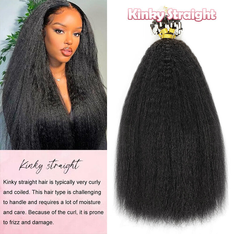 200PCS Micro Link Hair Extensions Human Hair Kinky Straight Yaki Loop Rings
