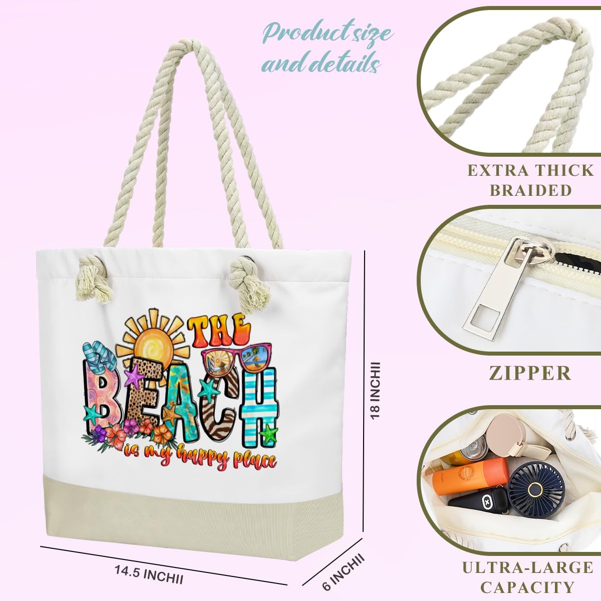 Waterproof Beach Tote Bag with Wet Cosmetic Pouch for Women