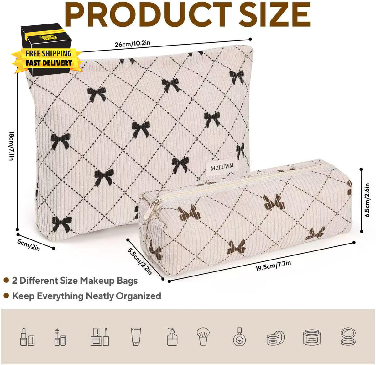 Large Capacity Corduroy Makeup Bag Set with Brush Storage for Travel & Daily Use