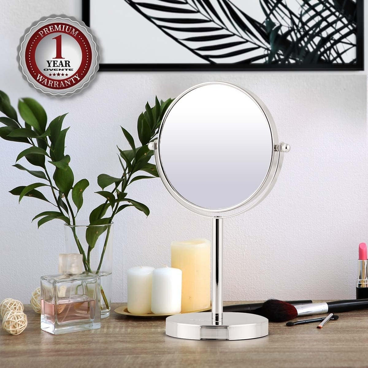 6-Inch Tabletop Makeup Mirror with 1X/7X Magnification, 360° Swivel, Polished Chrome
