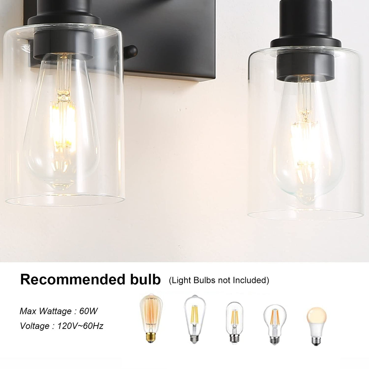 2-Light Matte Black Bathroom Vanity Light Fixtures with Clear Glass Shades