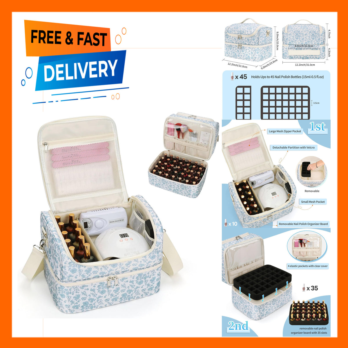 Travel Nail Polish Organizer Case with 45 Bottle Capacity & Nail Lamp