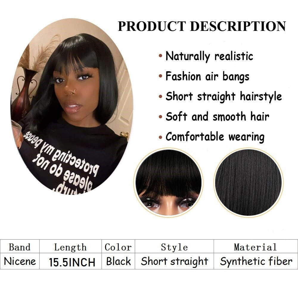 Black Bob Wigs with Bangs - Straight Blunt Cut Shoulder Length Short Wig for Women