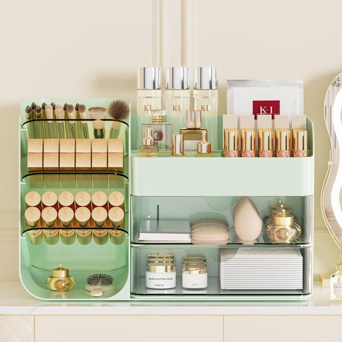 Large Green Makeup Organizer with Brush Holder & Drawers for Vanity