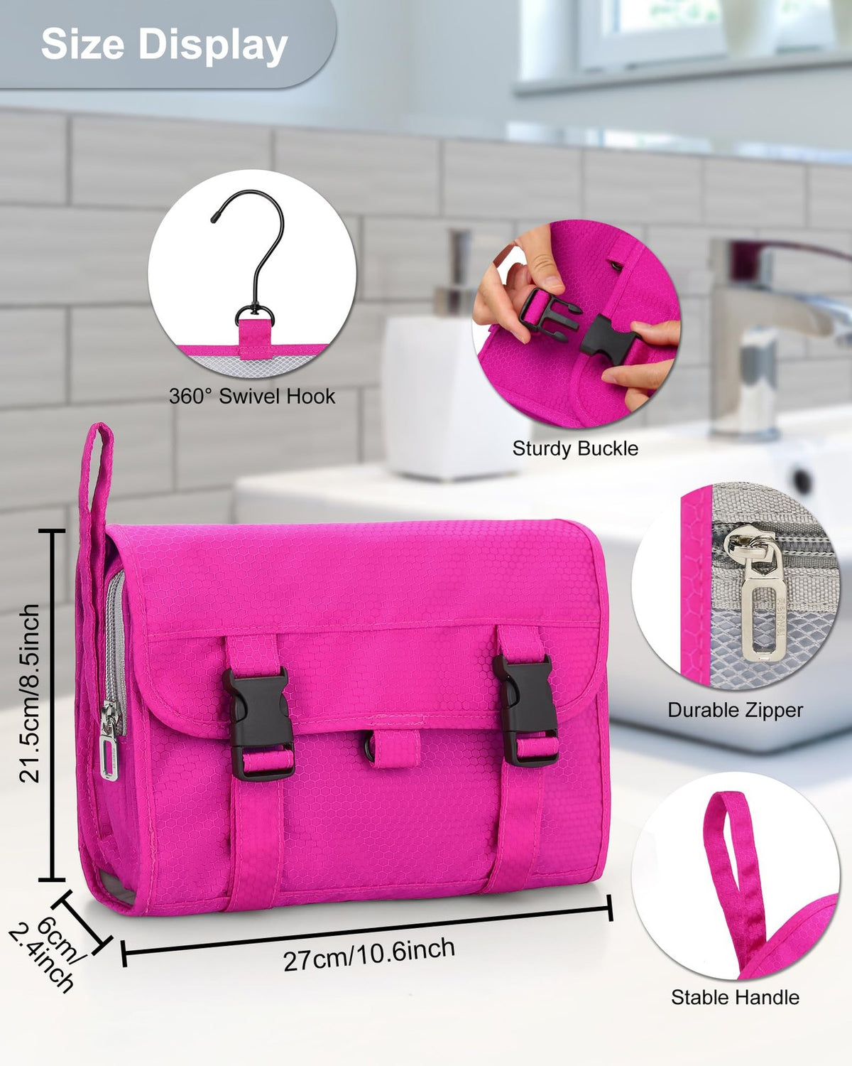 Waterproof Hanging Travel Toiletry Bag with Multiple Compartments - Hot Pink