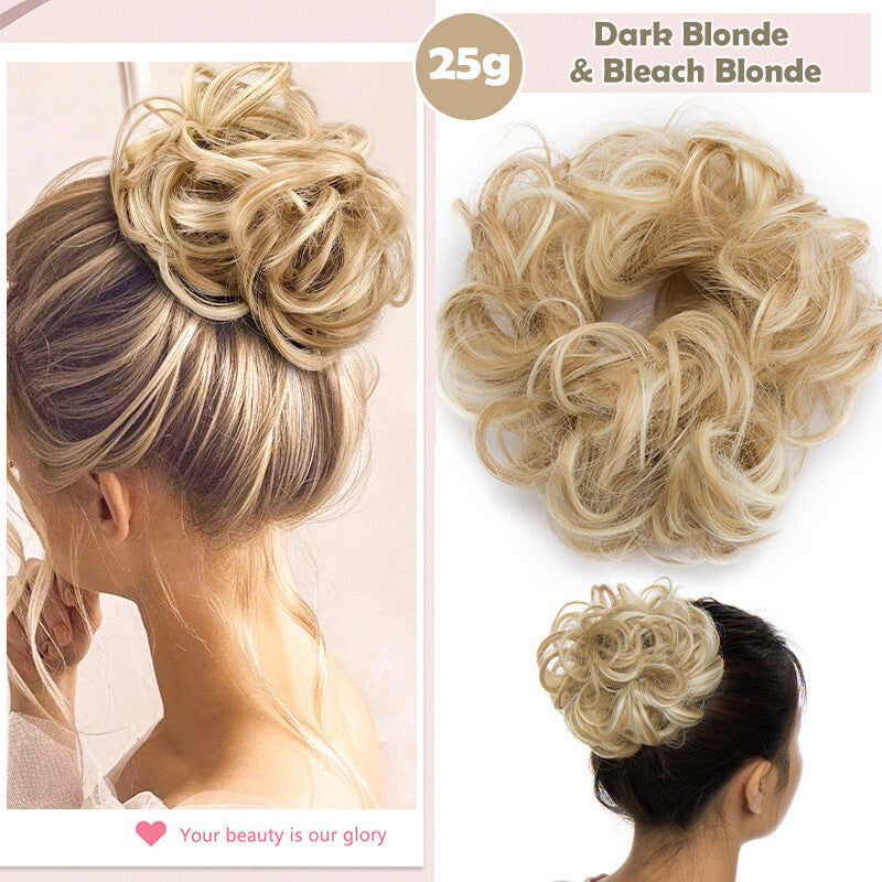 Natural Human Hair Messy Bun Ponytail Extensions with Curly Scrunchie Updo