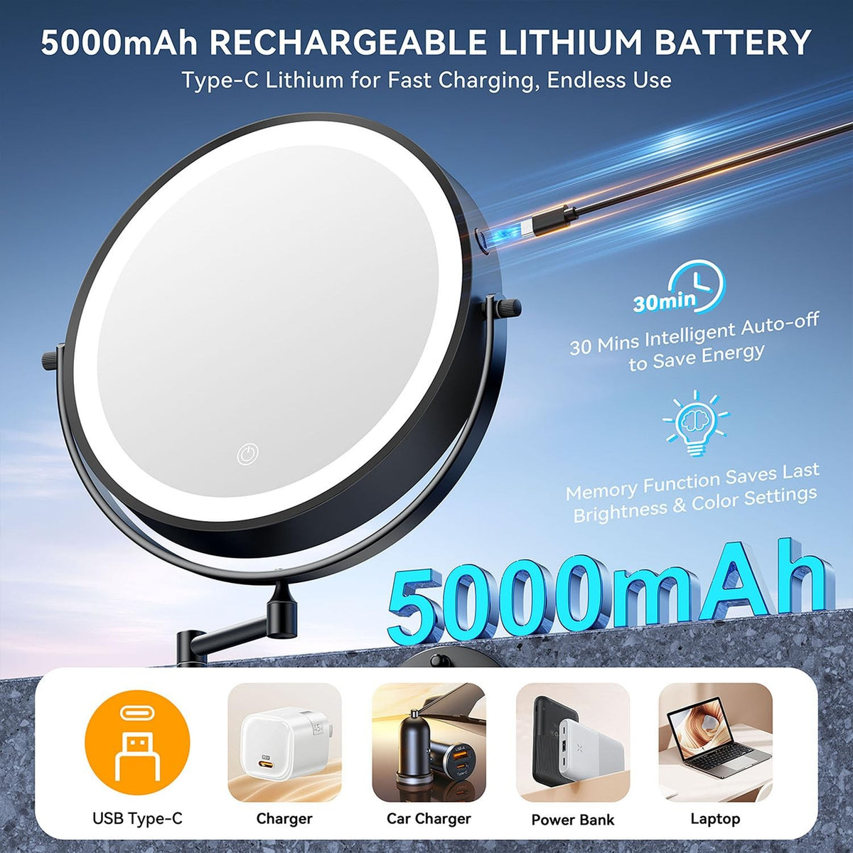 10 Inch Wall Mounted Lighted Makeup Mirror with 30X Magnification and LED Lighting