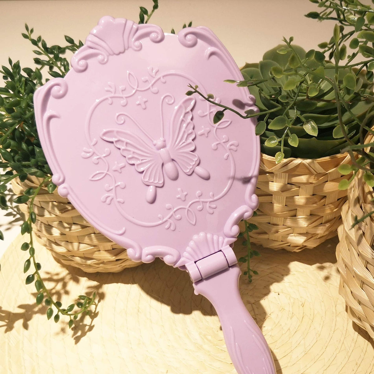 Girls Princess Butterfly Handheld Mirror with Folding Handle, Lighted