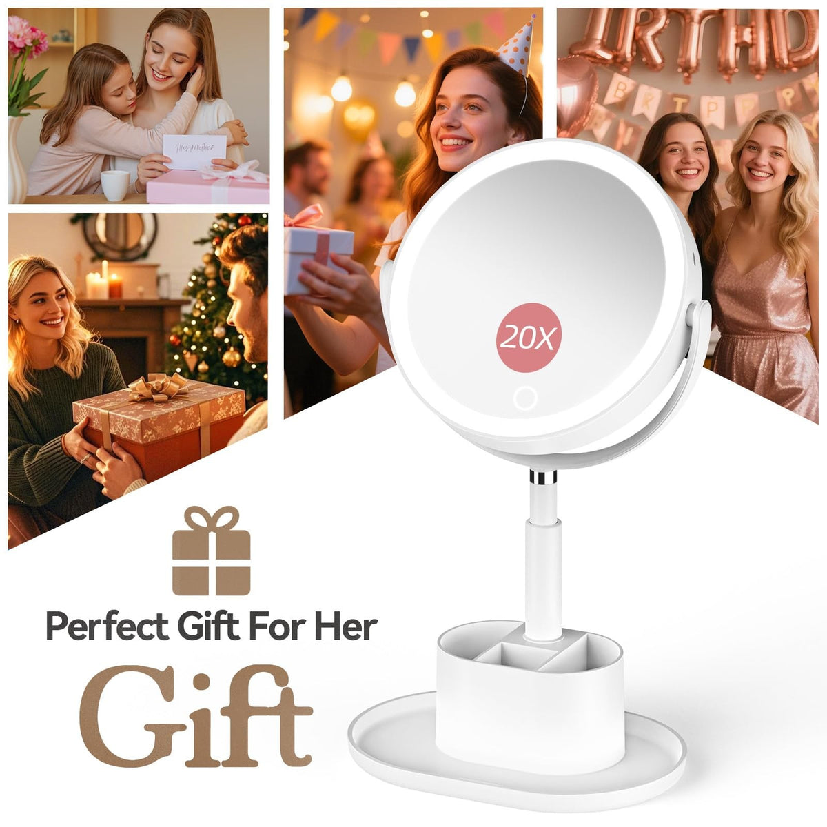 20X Magnifying Makeup Mirror with Lights and Storage - White