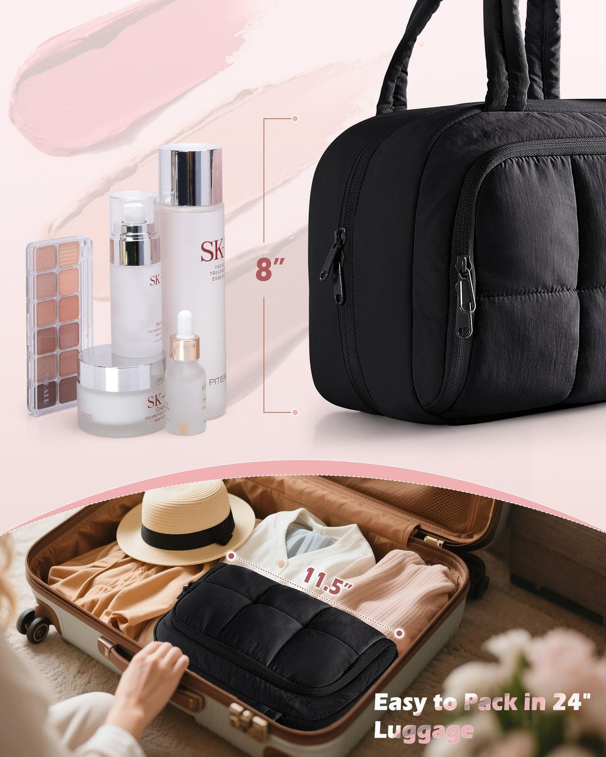 Travel Toiletry Bag with Hanging Hook Waterproof Puffy Cosmetic Organizer Black