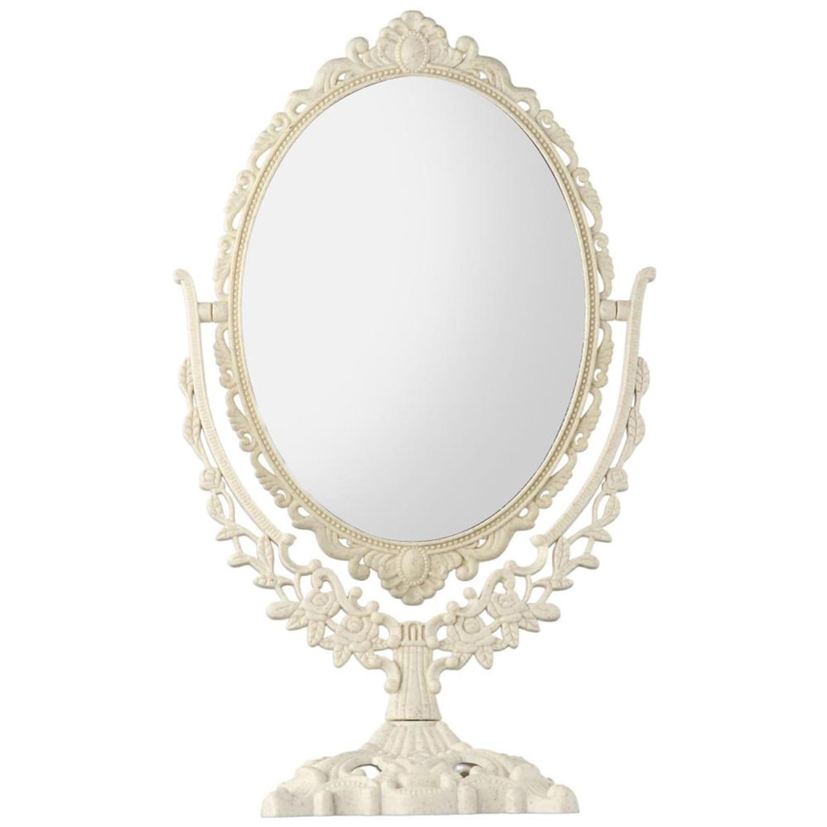 Retro Double Sided Tabletop Makeup Mirror - Oval, 8.7 x 7.5 Inches, Beige
