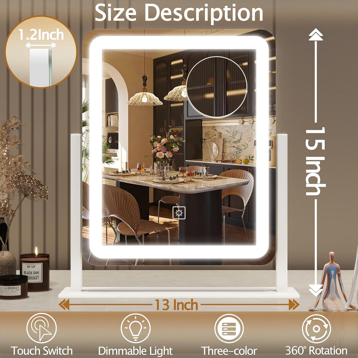 15x13 Inch Lighted Makeup Vanity Mirror with Dimmable LED & 360° Rotation