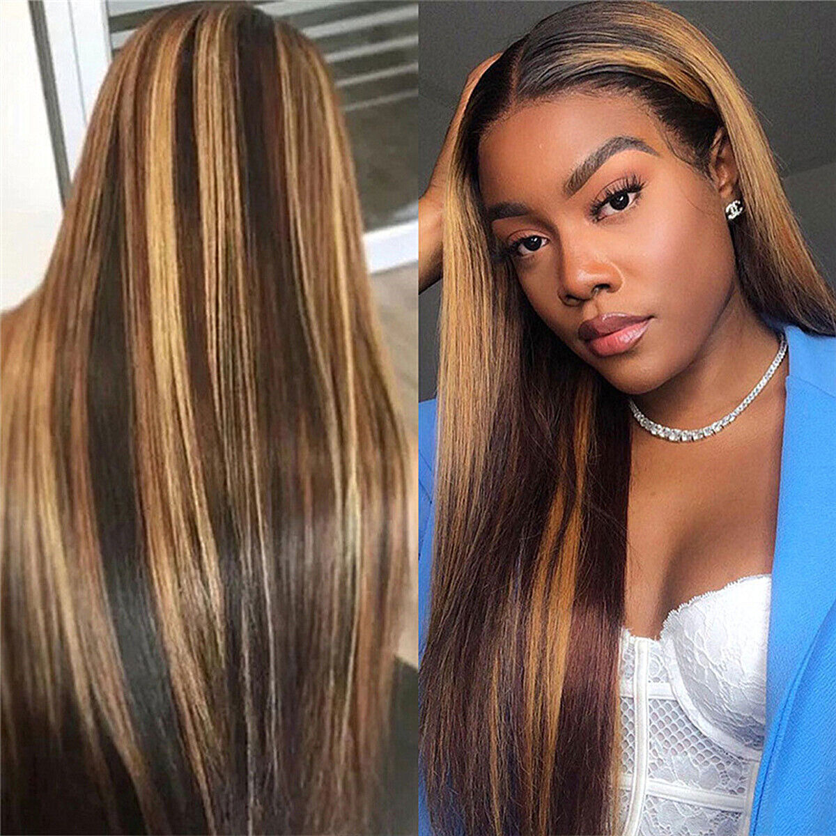Long Straight Ombre Brown Human Hair Wig - Brazilian Full Lace Front
