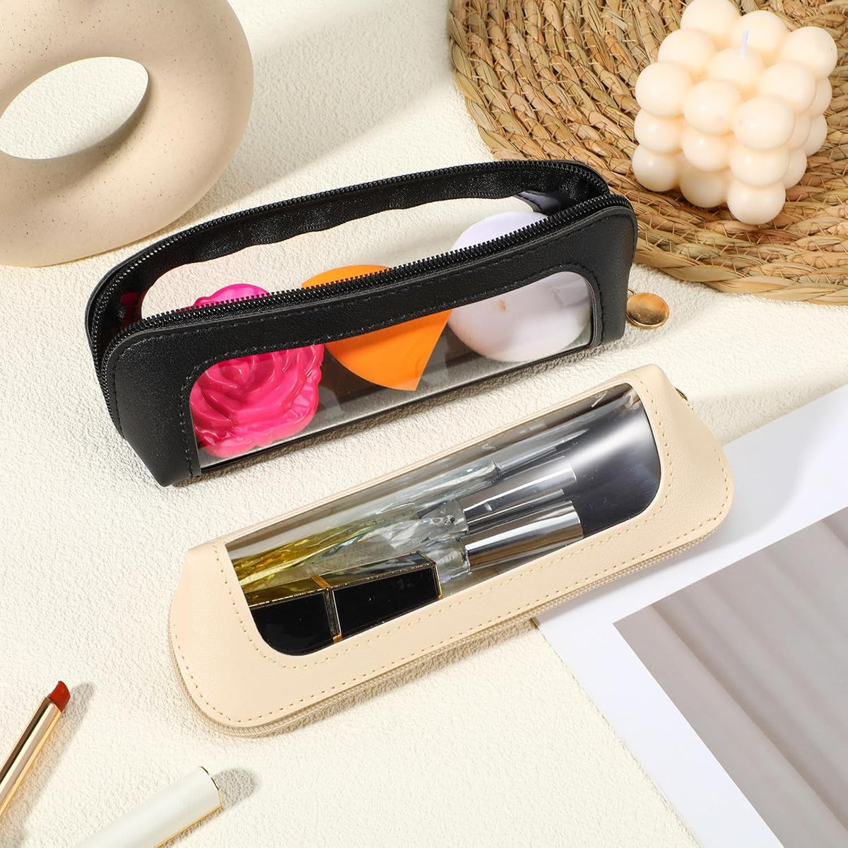 2Pcs Clear Makeup Brush Bag - Portable Transparent Cosmetic Case with Leather Slim Design