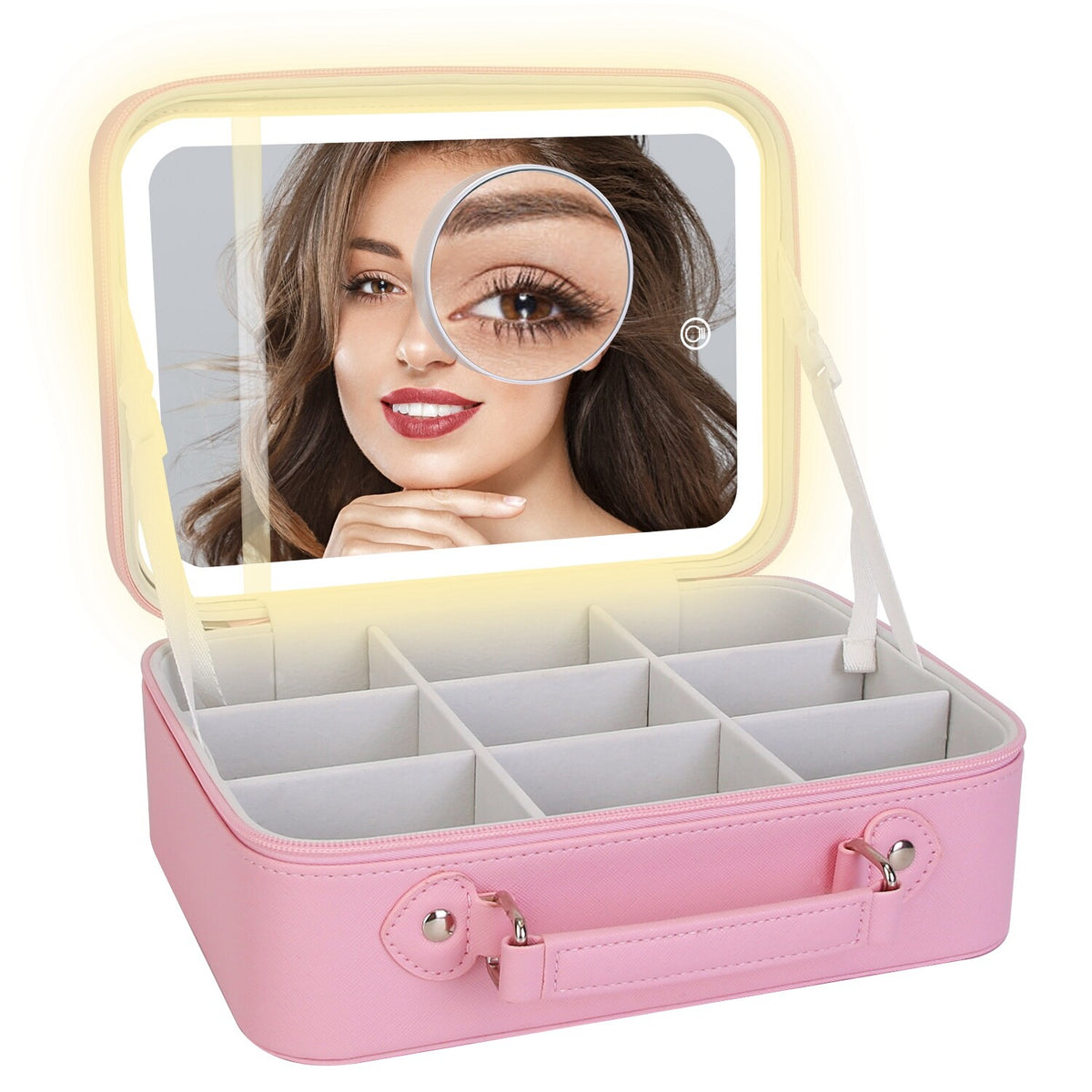 Dimmable LED Makeup Bag with Mirror and Magnifier - Travel Cosmetic Organizer