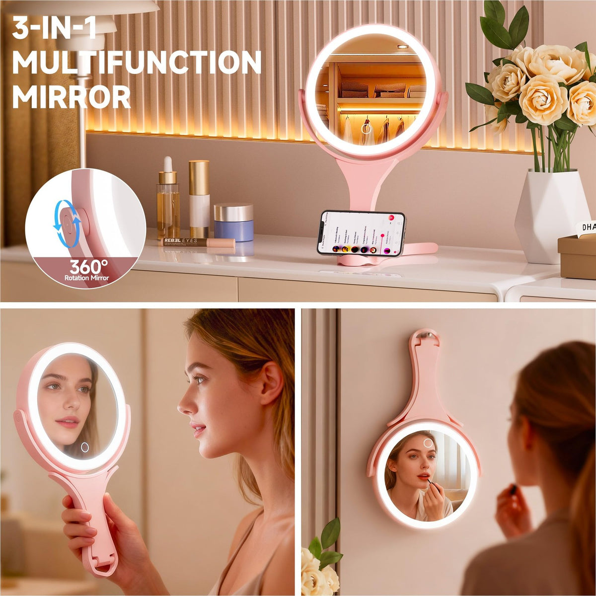 Portable Travel Makeup Mirror with Lights 360° Rotating 1X/10X Magnification Pink