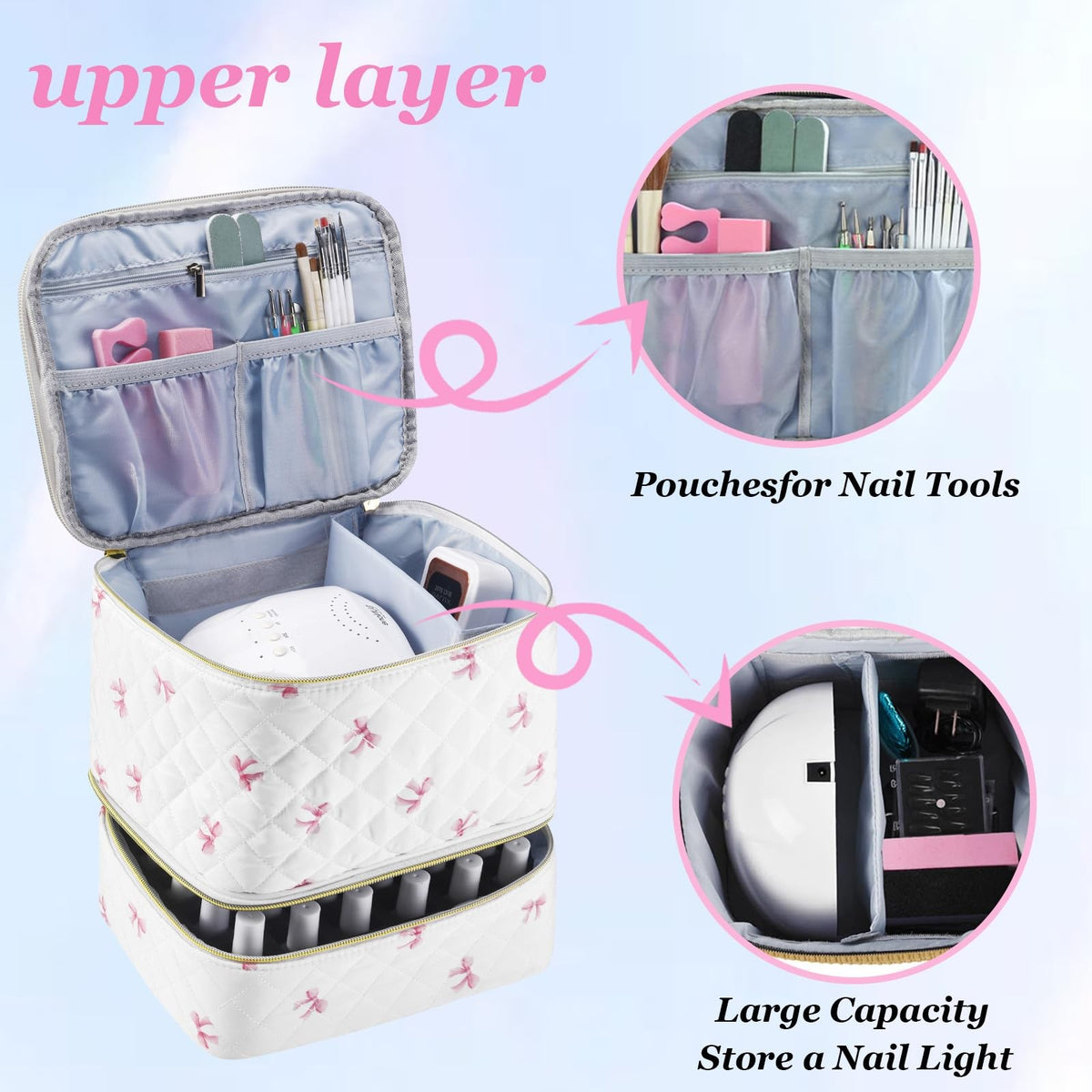 PU Leather Nail Polish Organizer with Lamp Storage Travel Case