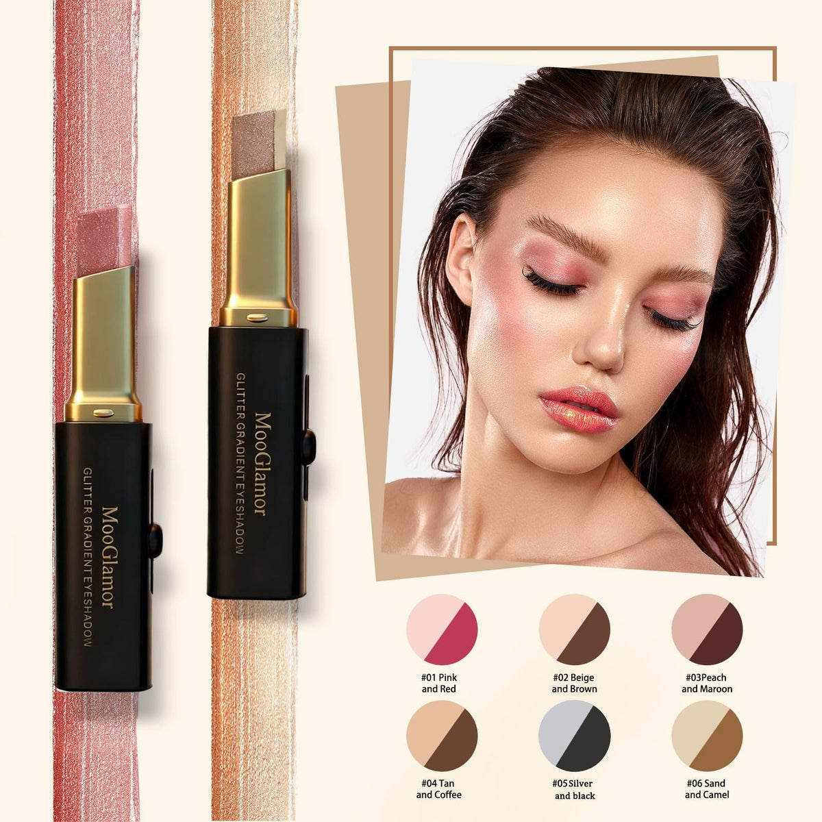 6-Pack Glitter Eye Shadow Sticks - Dual-Color, Waterproof & Smudge-Proof