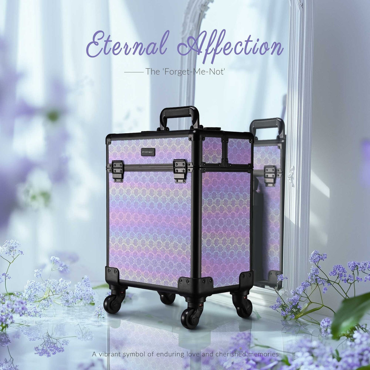 Rolling Makeup Train Case with Extendable Trays - Purple Charm Design