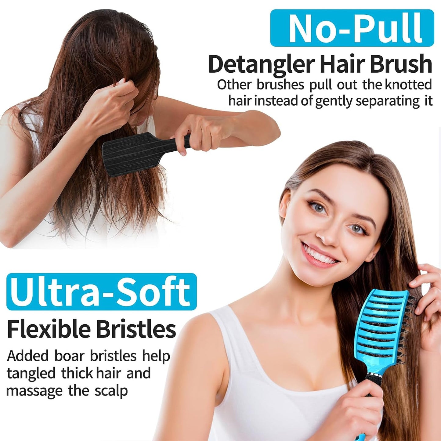 Boar Bristle Hair Brush Set of 2 for Detangling and Smoothing - Wet & Dry Hair