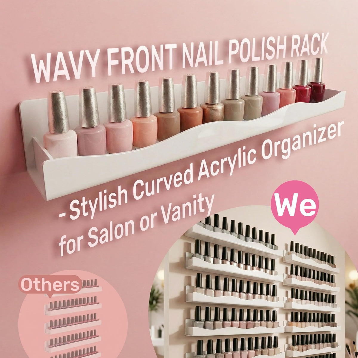 Wall Mounted Nail Polish Rack Organizer Display Shelves - White Acrylic, 6 Pack