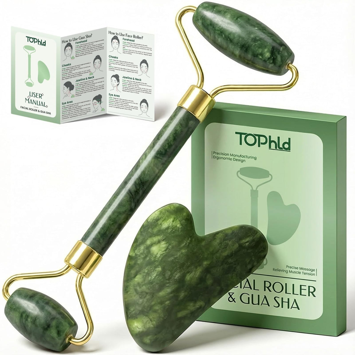 Face Roller & Gua Sha Set - Jade Facial Massage Tools for Self Care, 2 Pieces
