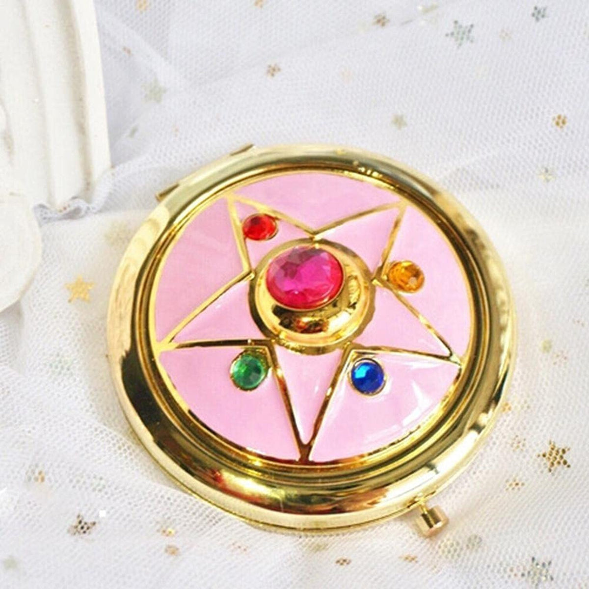 Anime Star Makeup Mirror - Portable Pink Compact Handheld Crystal Design