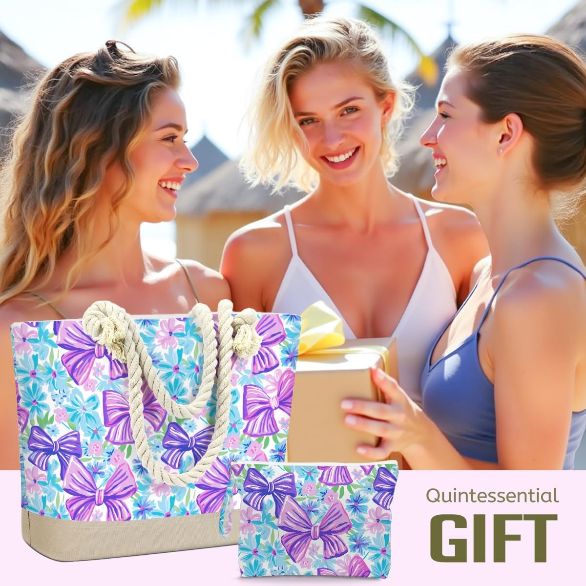 Waterproof Beach Tote Bag with Wet Cosmetic Pouch for Women